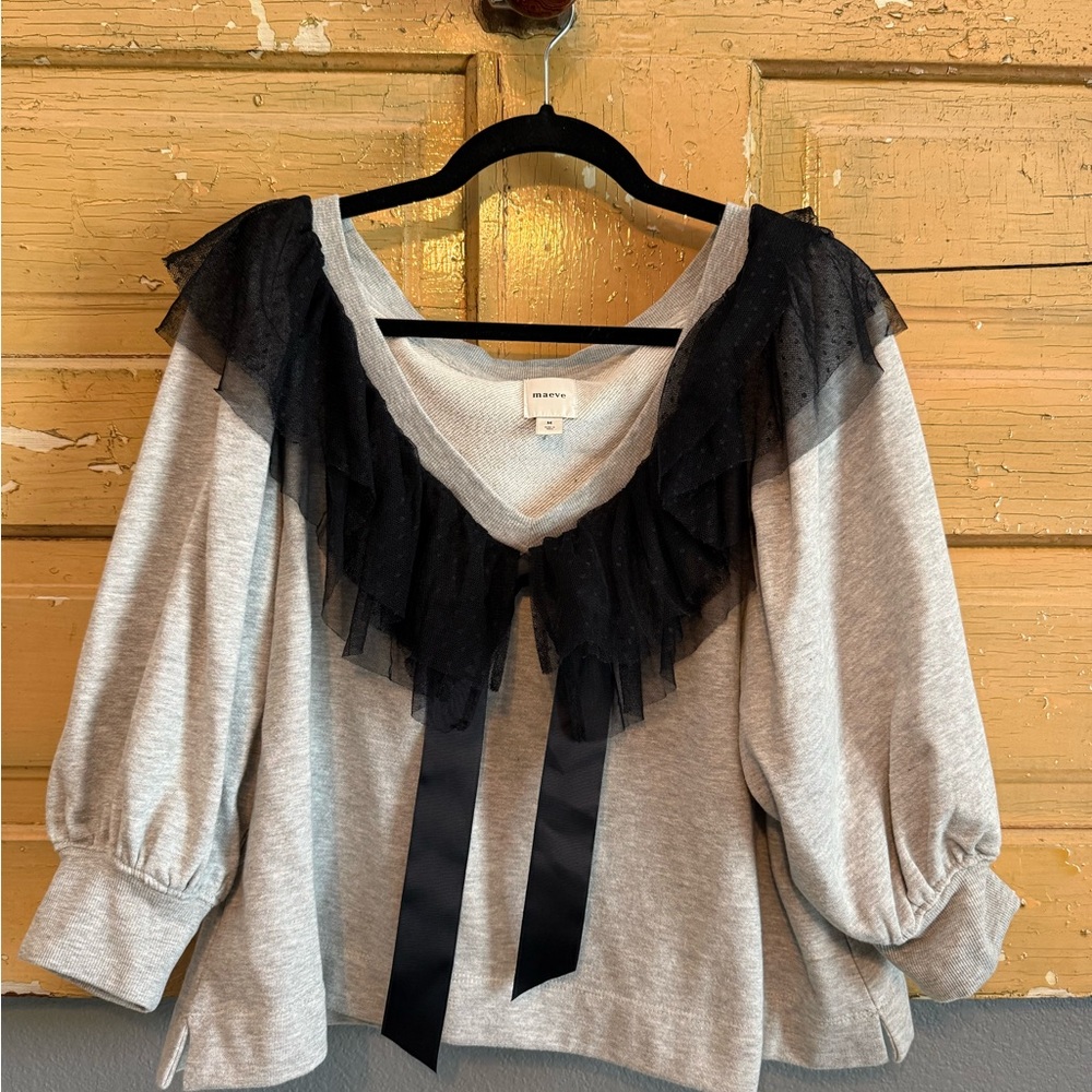Maeve Gray Top with Black Ruffle Detail